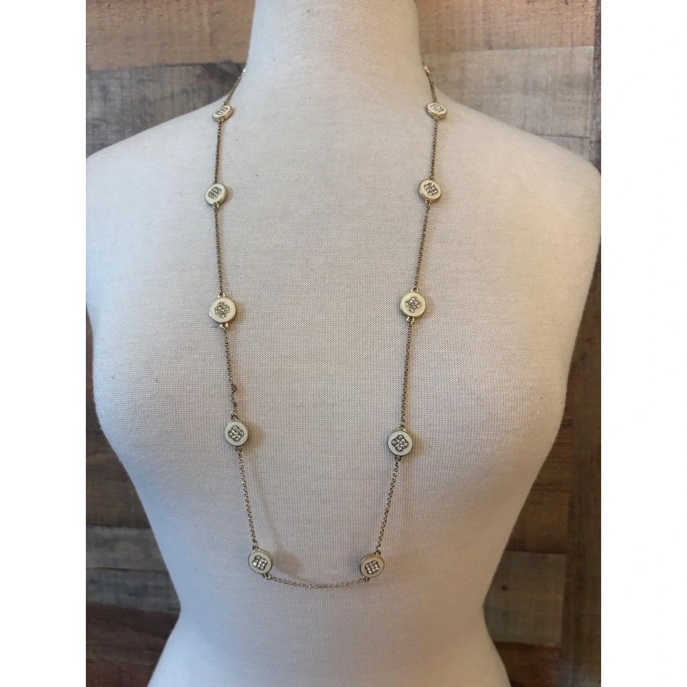 Gold Tone Cream Enamel Rhinestone Quatrefoil Station Long Necklace 36 Inch